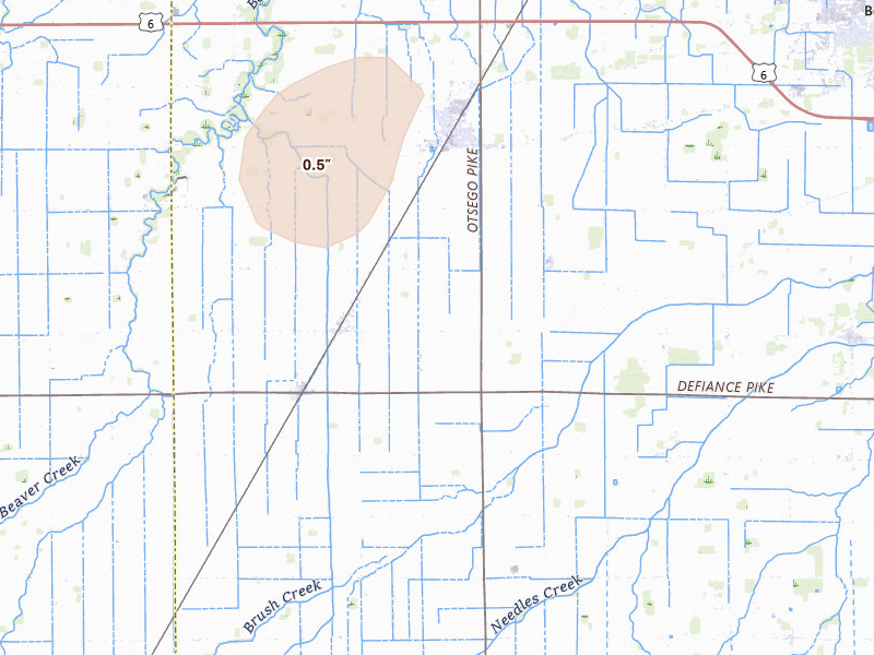 Radar-estimated hail-size map of the storm over Rudolph, OH on Aug 9, 2026