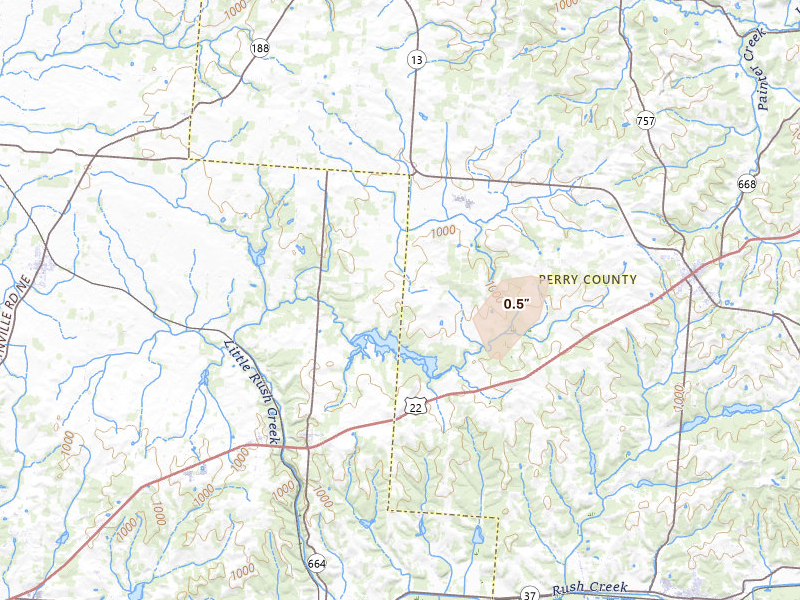 Radar-estimated hail-size map of the storm over Rushville, OH on May 19, 2026