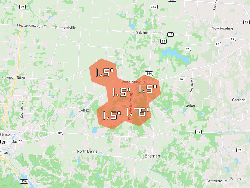 Hail map of Rushville, OH on Jun 6, 2026, hail up to 1.75"