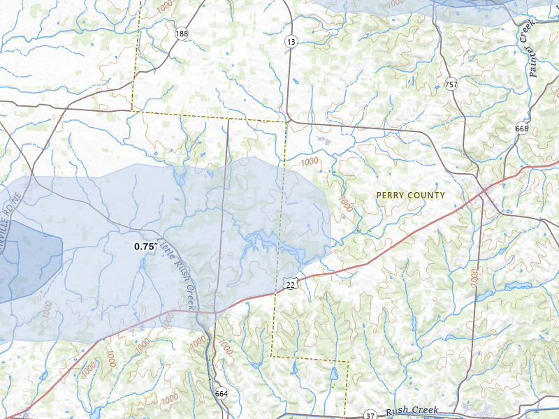 NEXRAD radar-signature map of the hail over Rushville, OH