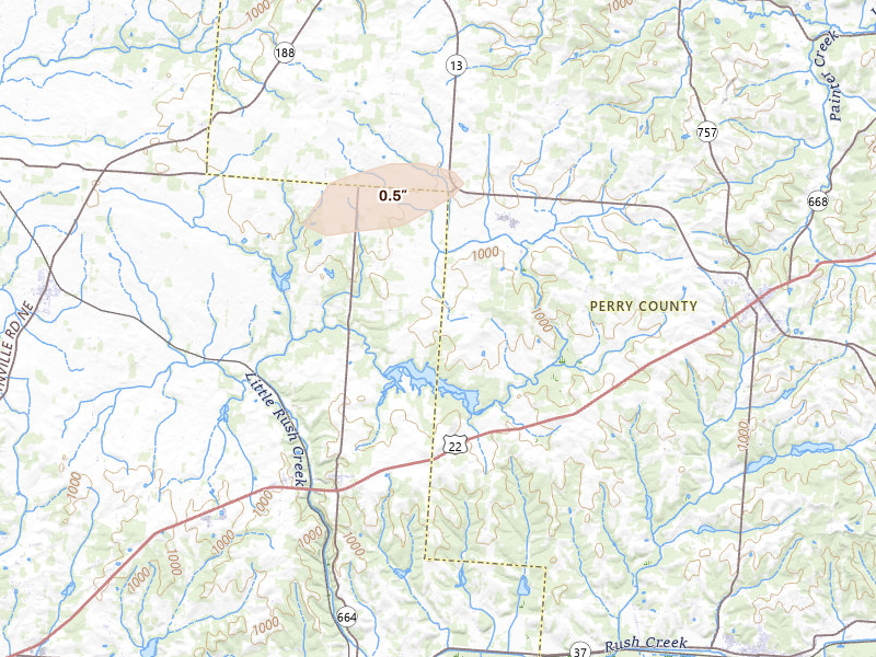 Radar-estimated hail-size map of the storm over Rushville, OH on Aug 8, 2026