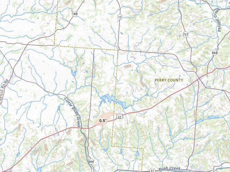 Radar-estimated hail-size map of the storm over Rushville, OH on Aug 9, 2026