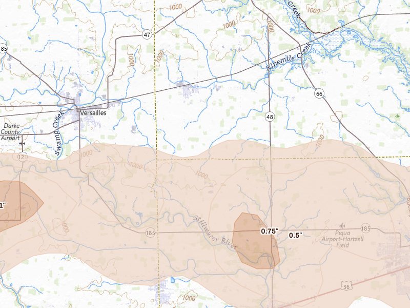Radar-estimated hail-size map of the storm over Russia, OH on Mar 22, 2026