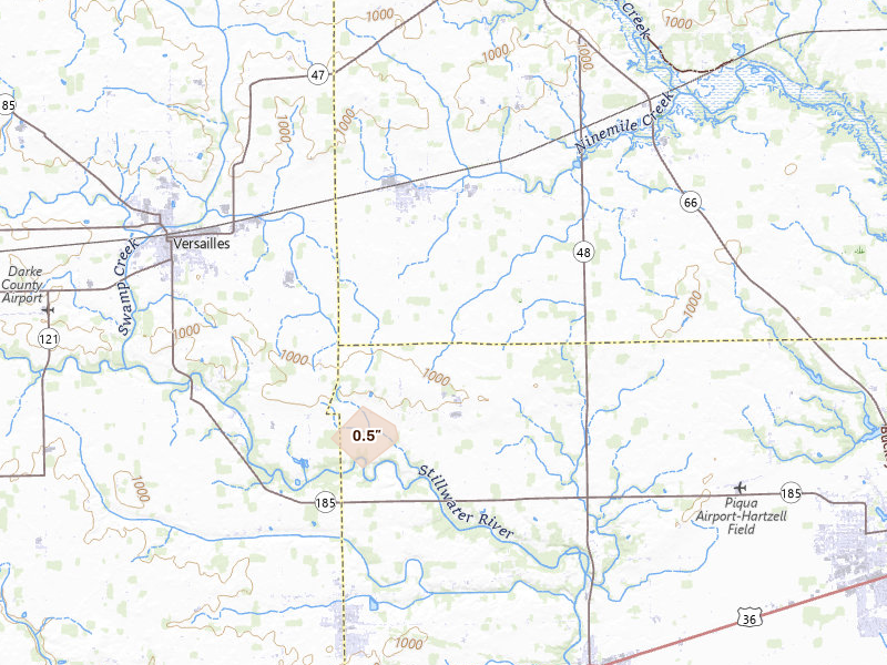 Radar-estimated hail-size map of the storm over Russia, OH on Aug 21, 2026