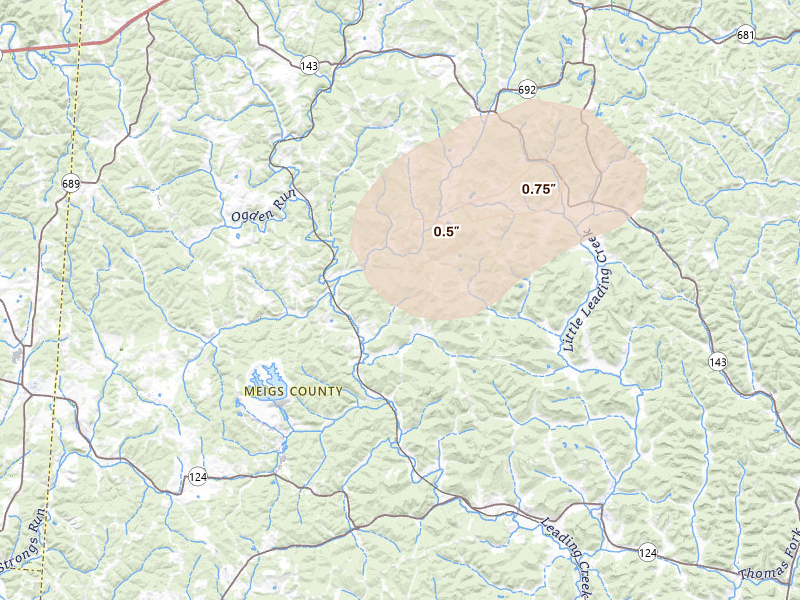 Radar-estimated hail-size map of the storm over Rutland, OH on Jun 10, 2026