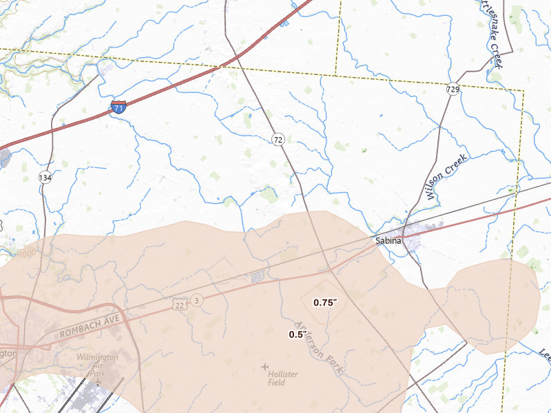 Radar-estimated hail-size map of the storm over Sabina, OH on Jul 21, 2026