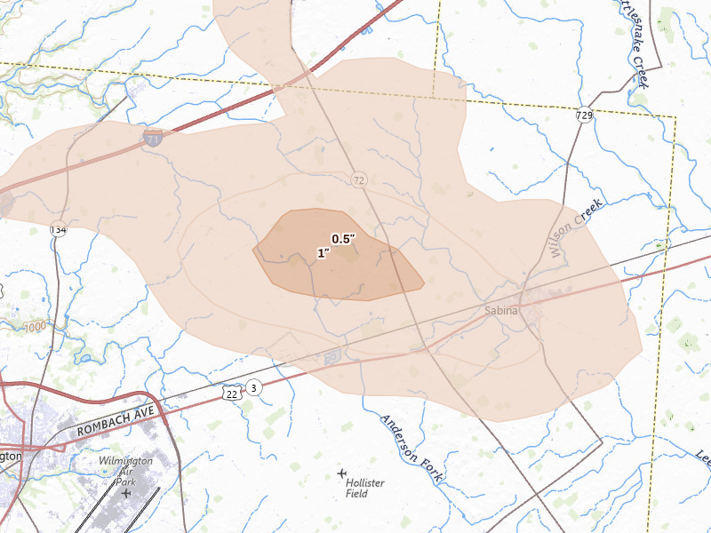 Radar-estimated hail-size map of the storm over Sabina, OH on Aug 10, 2026