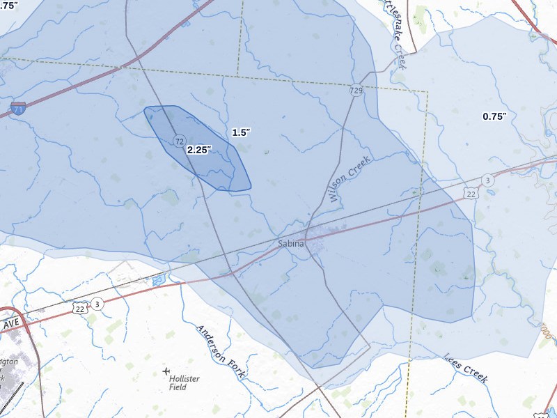 NEXRAD radar-signature map of the hail storm over Sabina, OH on Aug 10, 2026