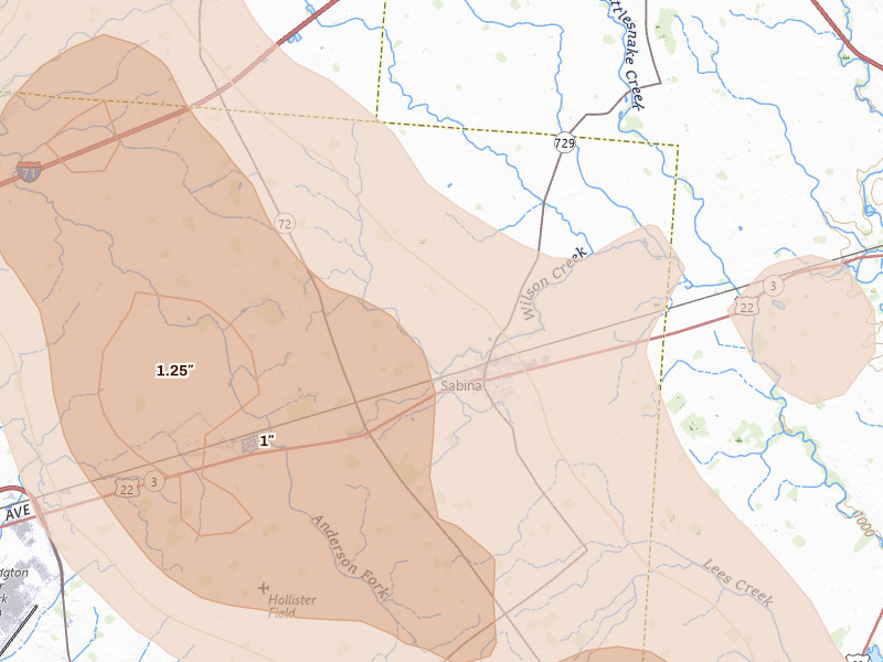 Radar-estimated hail-size map of the storm over Sabina, OH on Sep 4, 2026