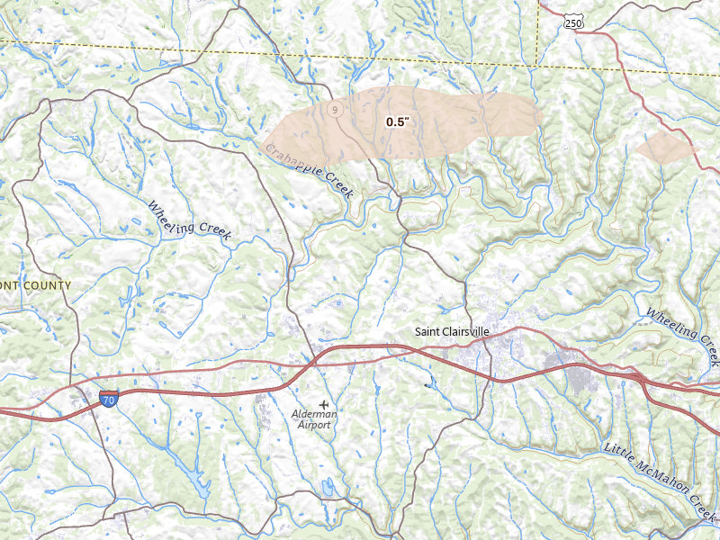 Radar-estimated hail-size map of the storm over Saint Clairsville, OH on May 13, 2026