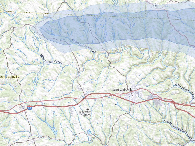 NEXRAD radar-signature map of the hail storm over Saint Clairsville, OH on May 13, 2026