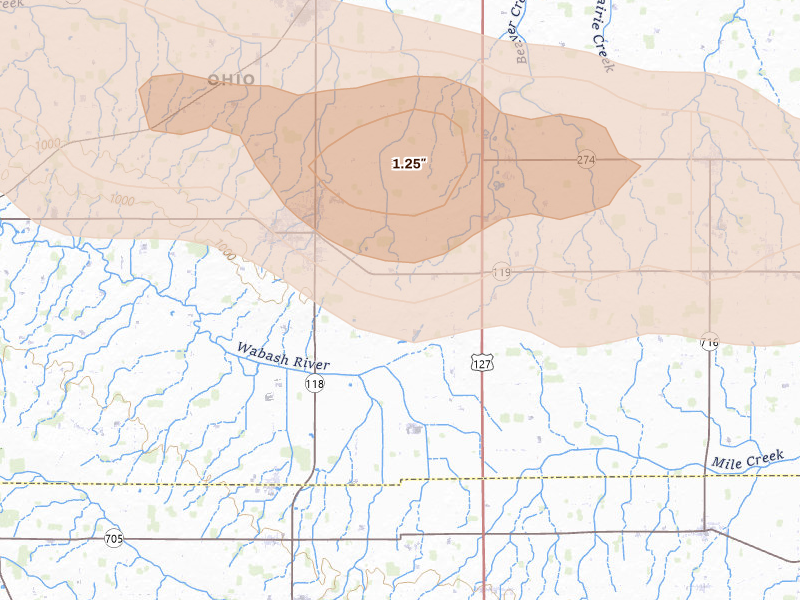 Radar-estimated hail-size map of the storm over Saint Henry, OH on Mar 26, 2026