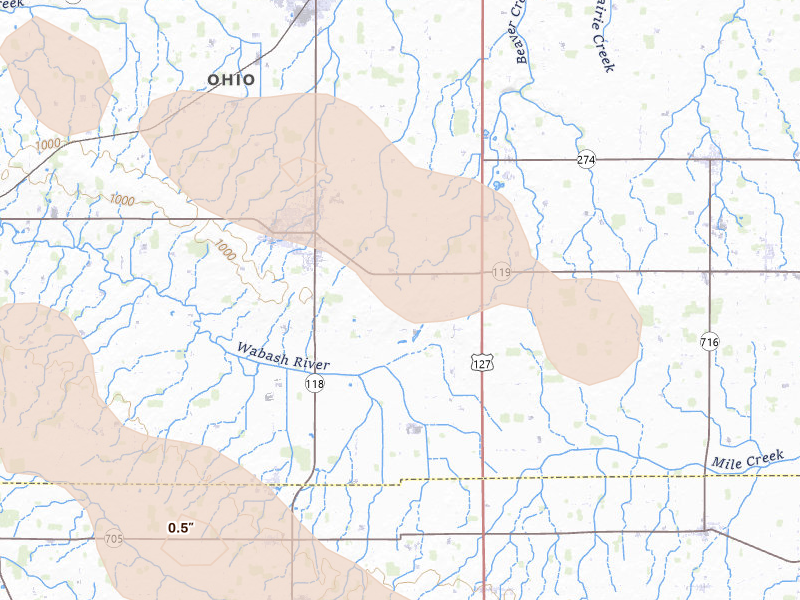 Radar-estimated hail-size map of the storm over Saint Henry, OH on Aug 11, 2026