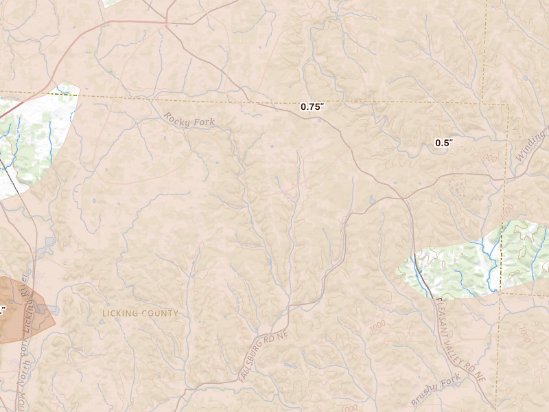 Radar-estimated hail-size map of the storm over Saint Louisville, OH on Mar 22, 2026