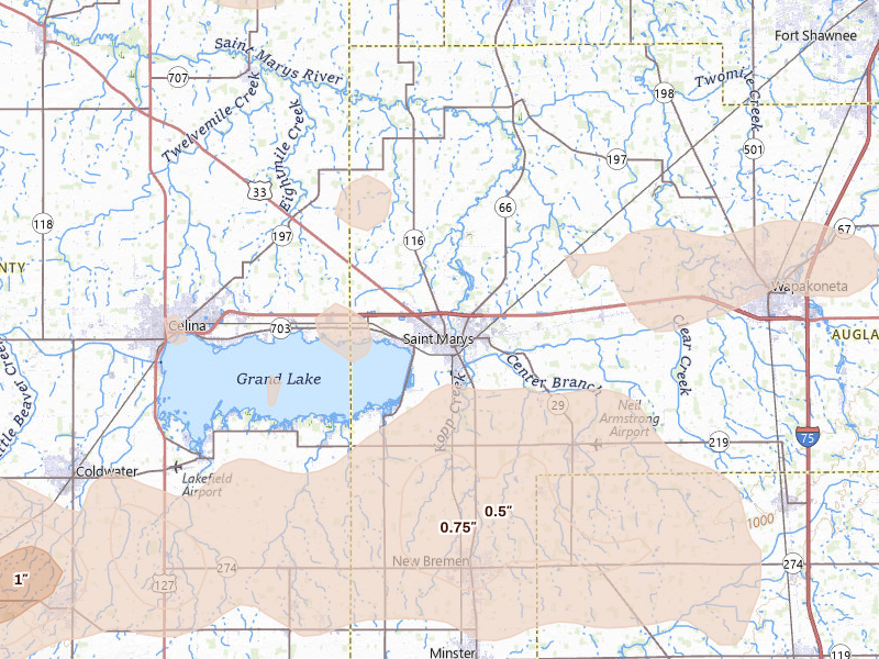 Radar-estimated hail-size map of the storm over Saint Marys, OH