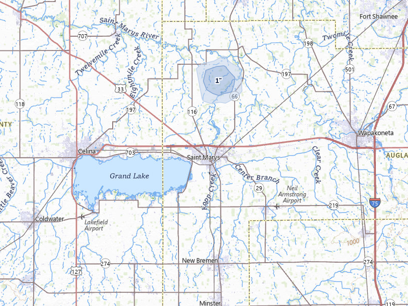 NEXRAD radar-signature map of the hail storm over Saint Marys, OH on Apr 22, 2026