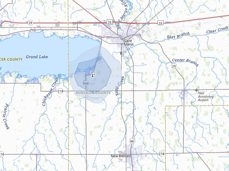 NEXRAD radar-signature map of the hail over Saint Marys, OH