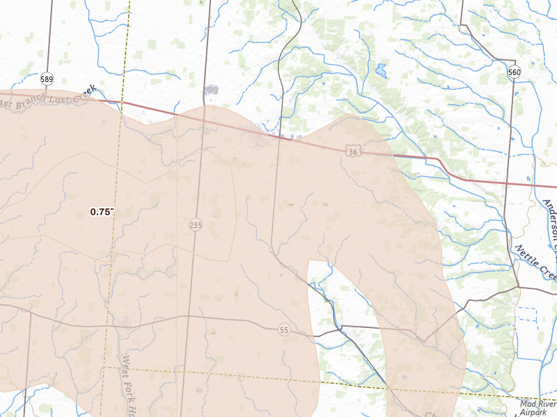 Radar-estimated hail-size map of the storm over Saint Paris, OH on Mar 22, 2026