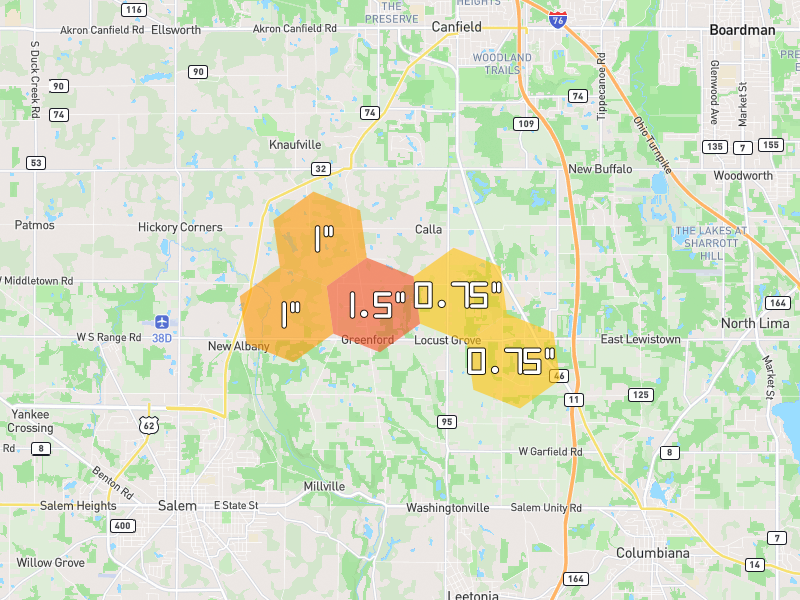 Hail map of Salem, OH on Jul 4, 2026, hail up to 1.5"
