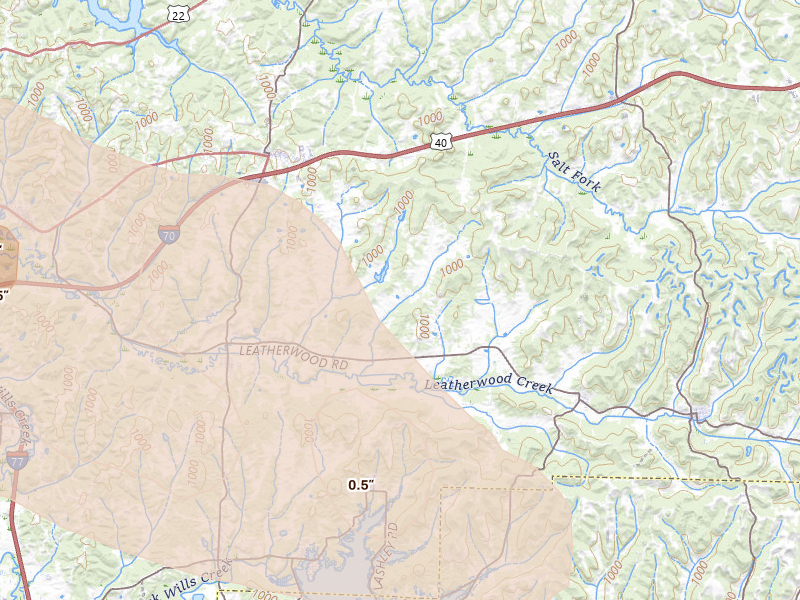 Radar-estimated hail-size map of the storm over Salesville, OH on Mar 22, 2026