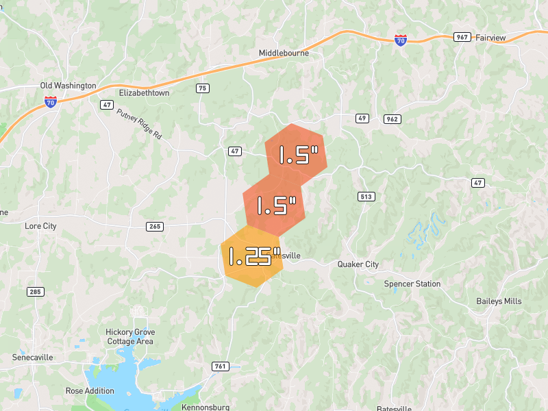 Hail map of Salesville, OH on Jun 7, 2026, hail up to 1.5"