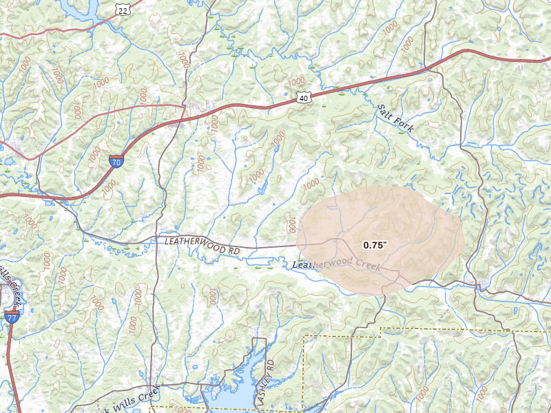 Radar-estimated hail-size map of the storm over Salesville, OH on Jul 4, 2026