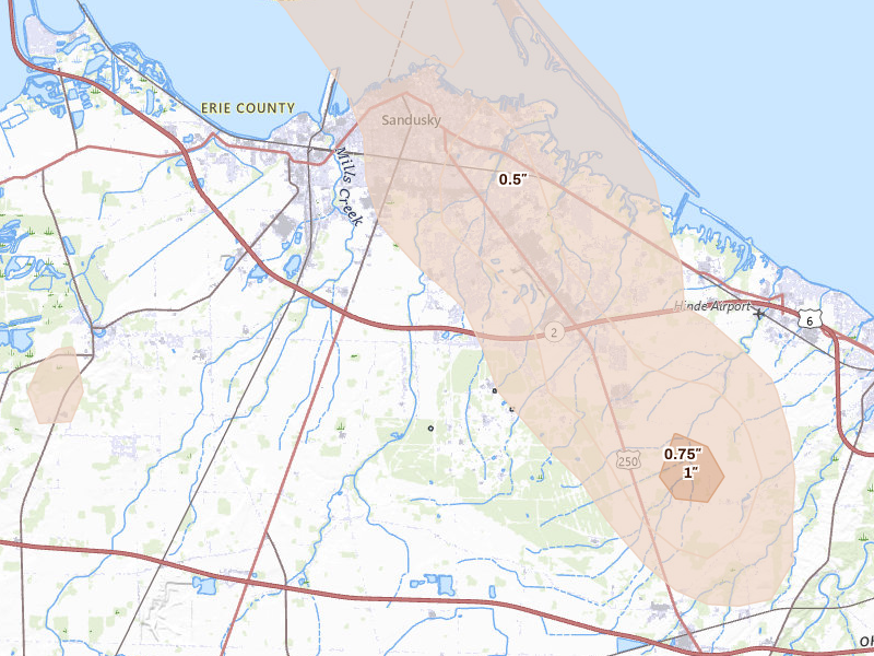 Radar-estimated hail-size map of the storm over Sandusky, OH on Jun 6, 2026