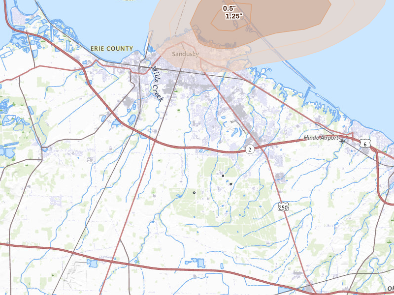 Radar-estimated hail-size map of the storm over Sandusky, OH on Jul 3, 2026