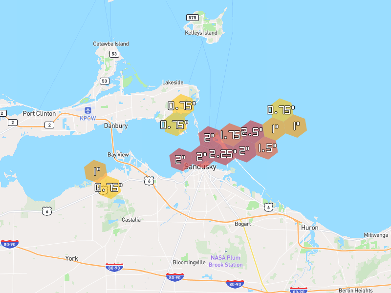 Hail map of Sandusky, OH on Jul 3, 2026, hail up to 2.5"