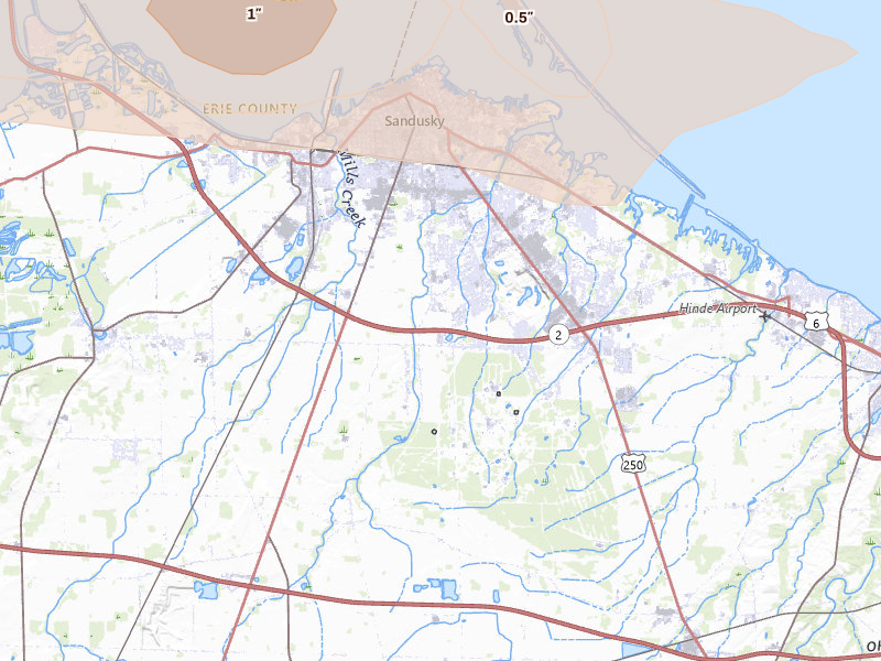 Radar-estimated hail-size map of the storm over Sandusky, OH on Jul 20, 2026