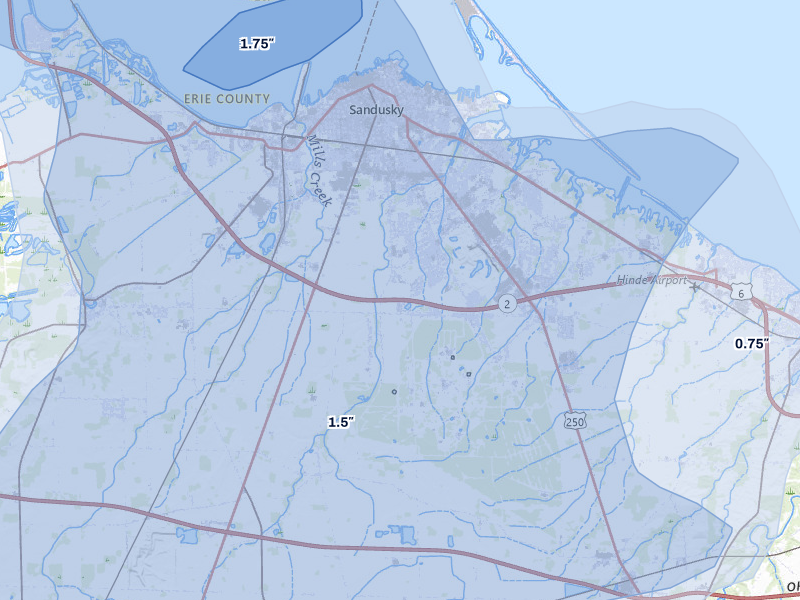 NEXRAD radar-signature map of the hail storm over Sandusky, OH on Aug 10, 2026