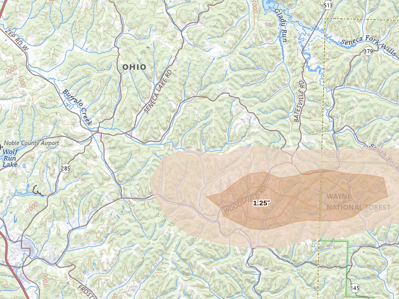 Radar-estimated hail-size map of the storm over Sarahsville, OH on Apr 1, 2026