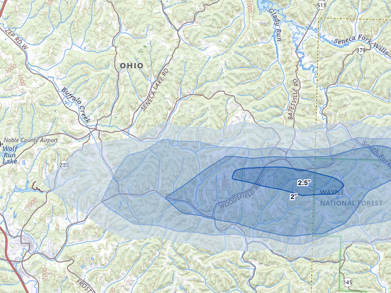 NEXRAD radar-signature map of the hail storm over Sarahsville, OH on Apr 1, 2026