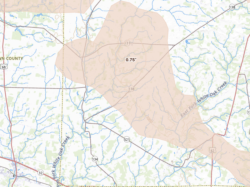 Radar-estimated hail-size map of the storm over Sardinia, OH on Aug 11, 2026