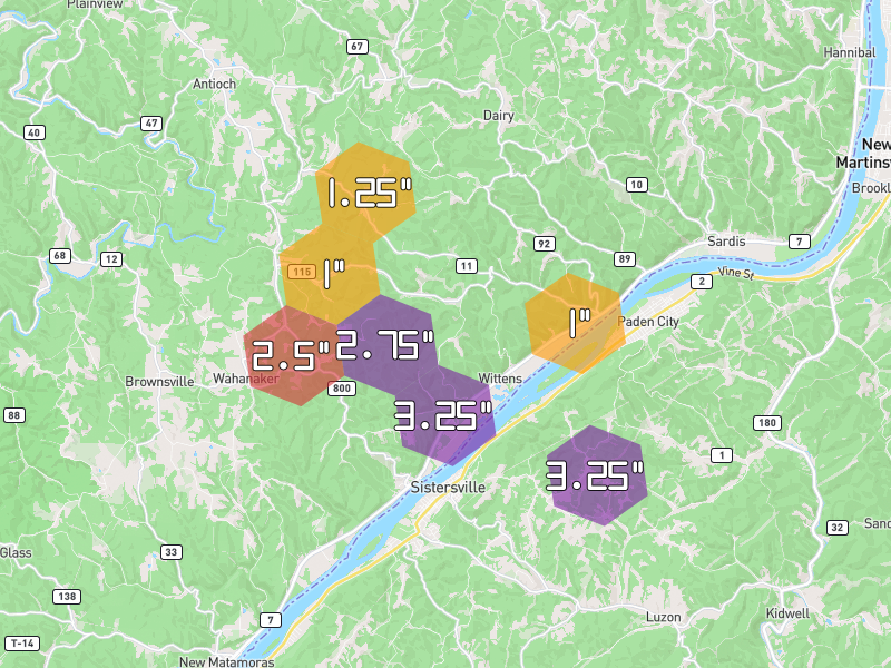 Hail map of Sardis, OH on Jul 21, 2026, hail up to 3.25"