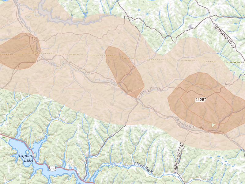 Radar-estimated hail-size map of the storm over Scio, OH on Mar 26, 2026