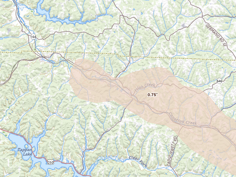 Radar-estimated hail-size map of the storm over Scio, OH on Apr 14, 2026