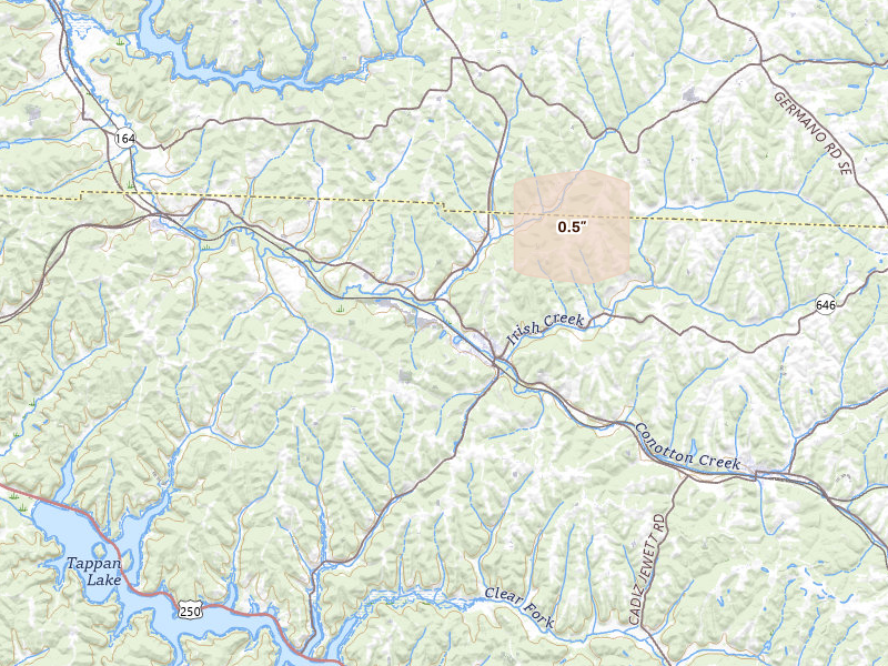 Radar-estimated hail-size map of the storm over Scio, OH on Aug 31, 2026