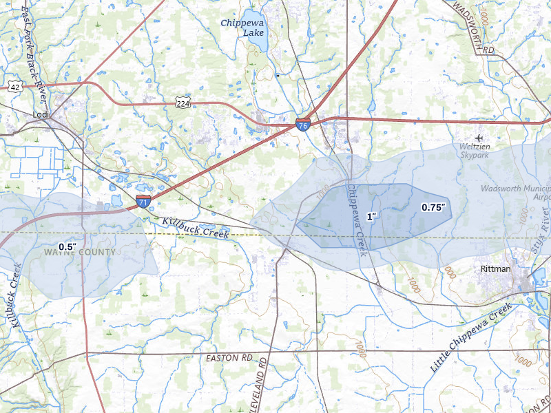 NEXRAD radar-signature map of the hail storm over Seville, OH on Mar 22, 2026