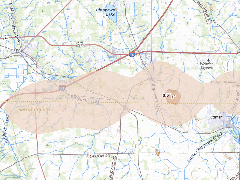 Radar-estimated hail-size map of the storm over Seville, OH