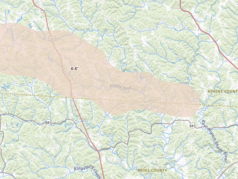 Radar-estimated hail-size map of the storm over Shade, OH on Aug 10, 2026