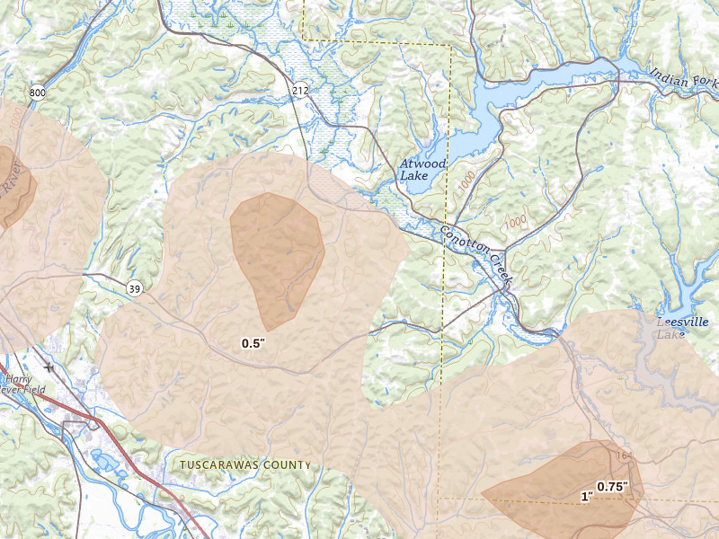 Radar-estimated hail-size map of the storm over Sherrodsville, OH on Mar 26, 2026