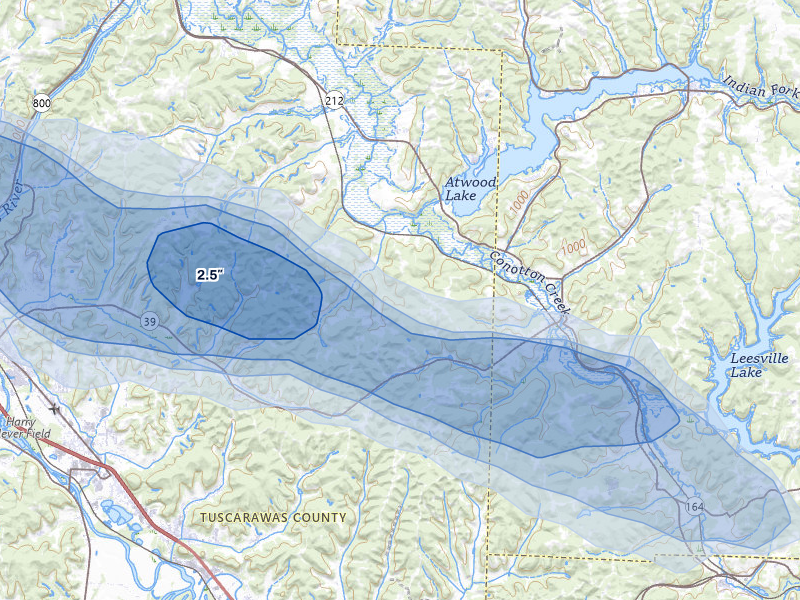 NEXRAD radar-signature map of the hail over Sherrodsville, OH
