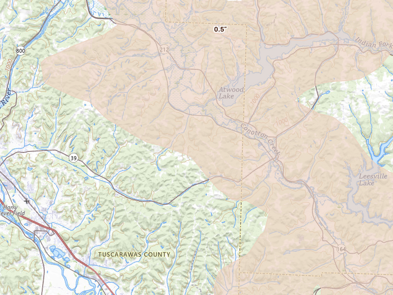 Radar-estimated hail-size map of the storm over Sherrodsville, OH on Aug 10, 2026