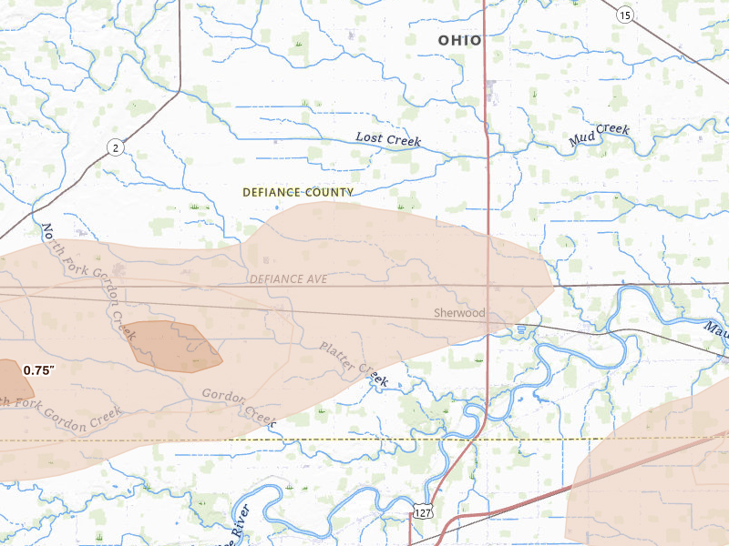 Radar-estimated hail-size map of the storm over Sherwood, OH on Apr 15, 2026