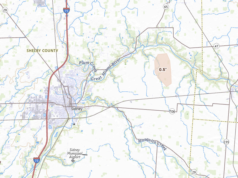 Radar-estimated hail-size map of the storm over Sidney, OH on Jun 6, 2026