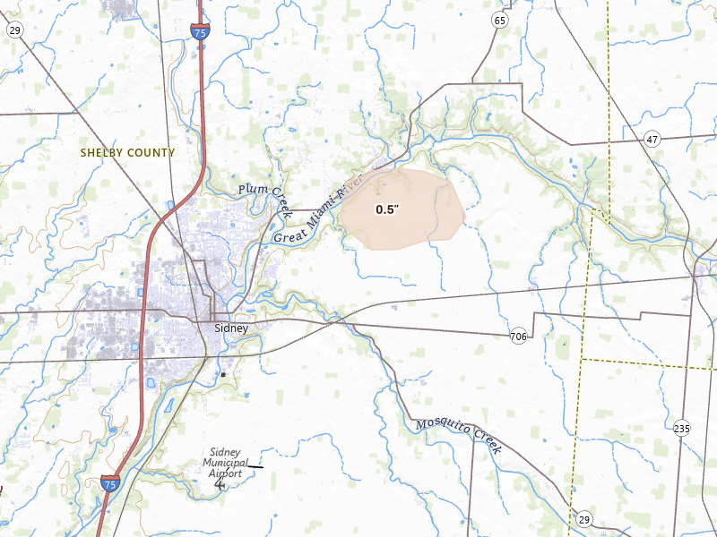 Radar-estimated hail-size map of the storm over Sidney, OH on Aug 8, 2026