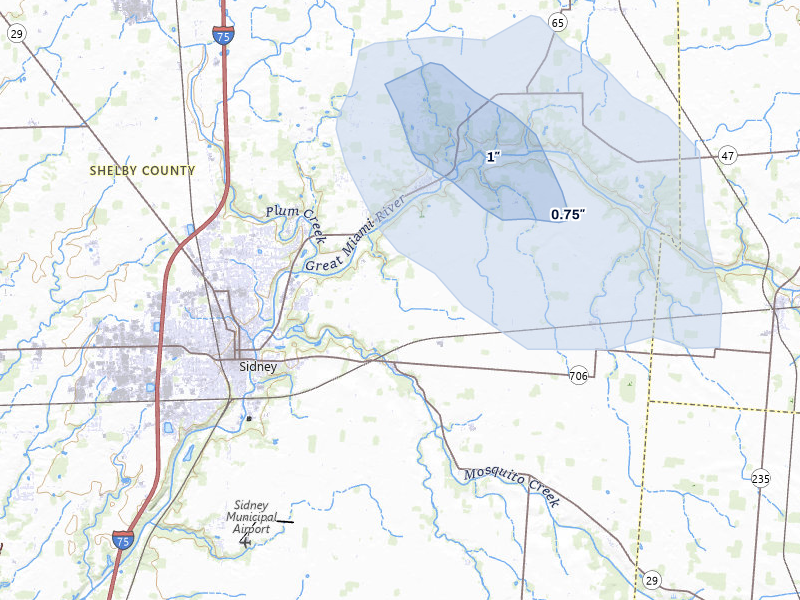NEXRAD radar-signature map of the hail storm over Sidney, OH on Aug 8, 2026