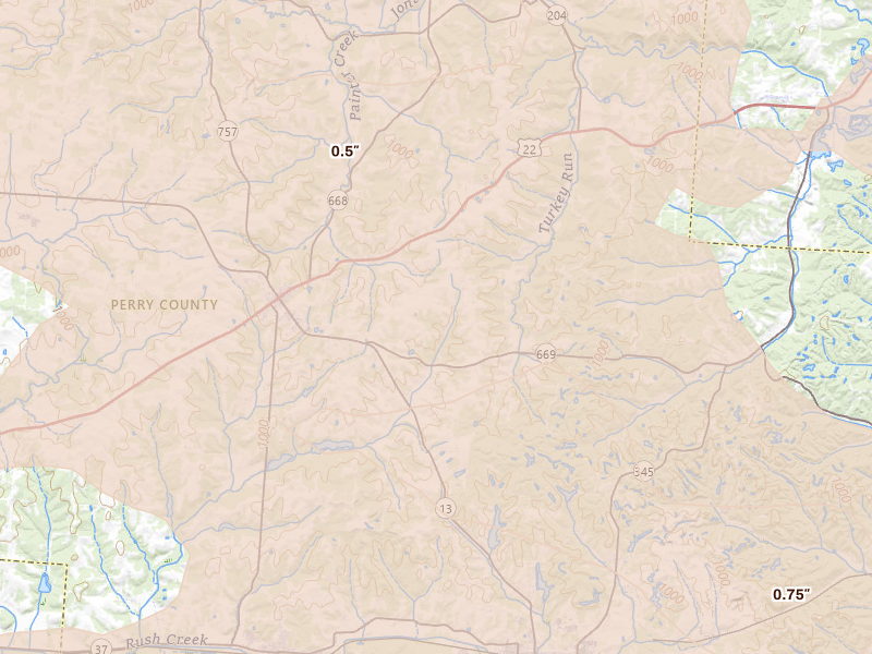Radar-estimated hail-size map of the storm over Somerset, OH on Aug 10, 2026