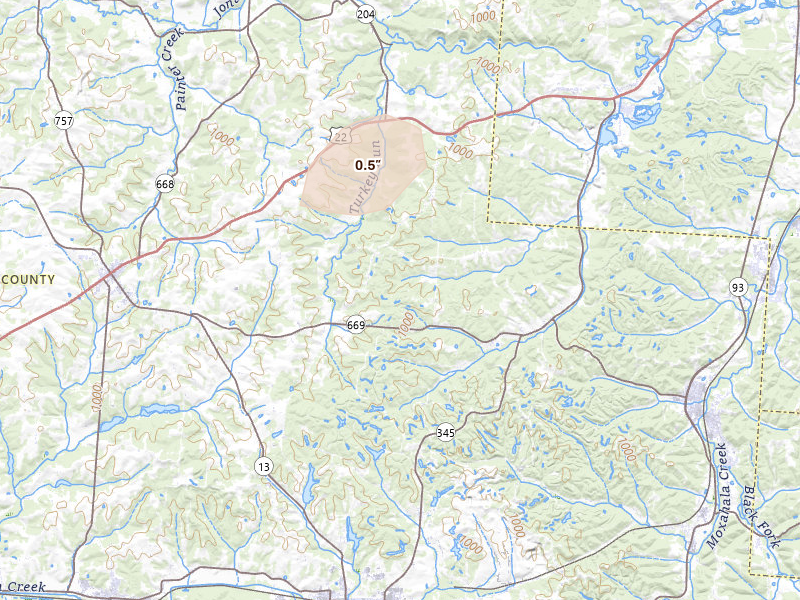 Radar-estimated hail-size map of the storm over Somerset, OH on Aug 22, 2026